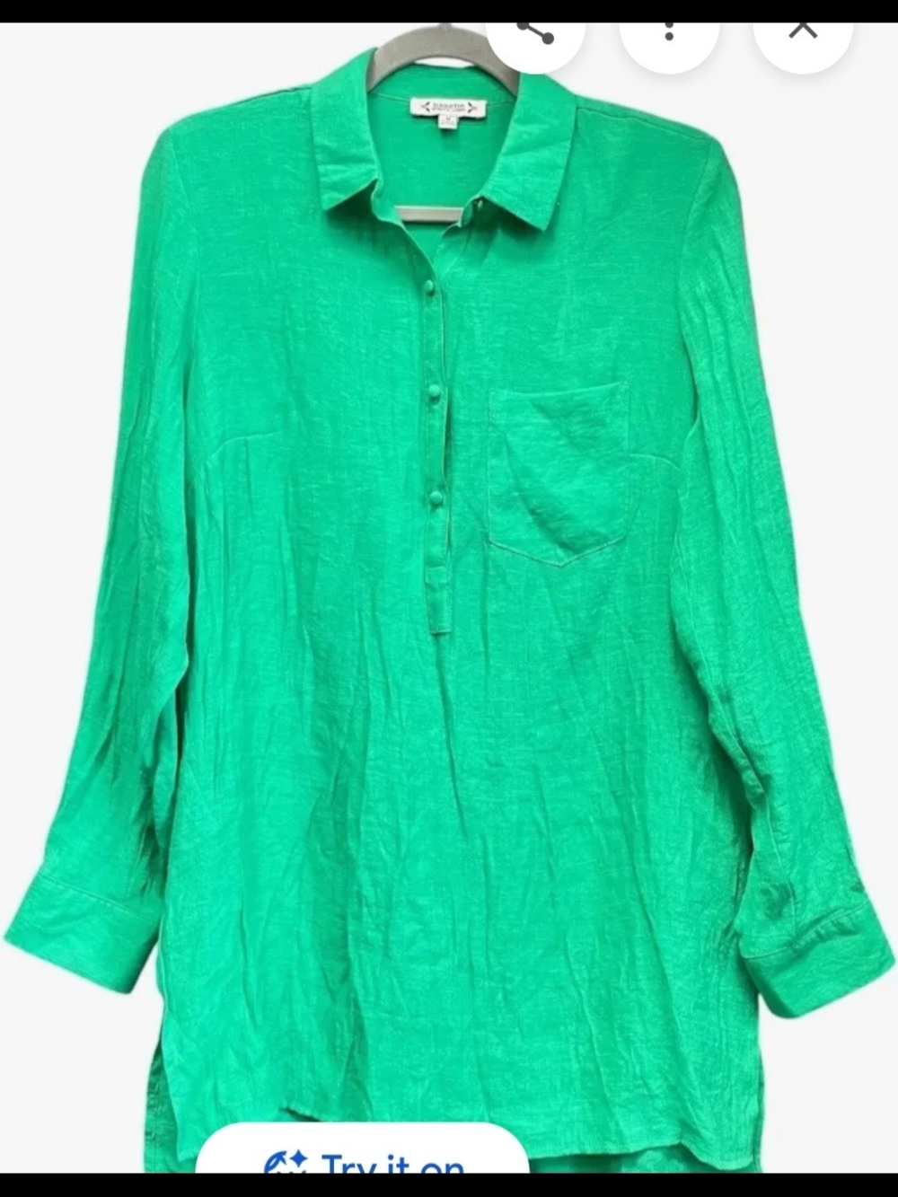 Nanette Lepore Emerald Green Long-Sleeve Button Placket Linen Blouse
